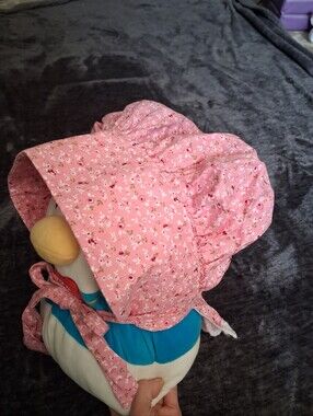 Women/Girls Pink & White Floral Bonnet Hat Lace Trim Tie Chin Strap One Size